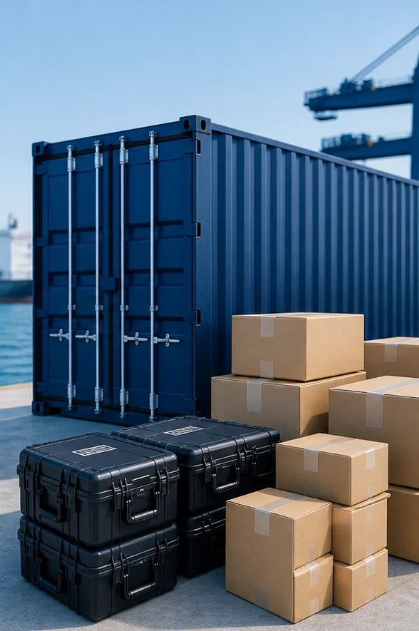 Prepared cartons and cargo cases beside an international shipping container
