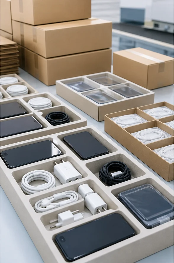 Mobile devices and accessories arranged in protective order trays