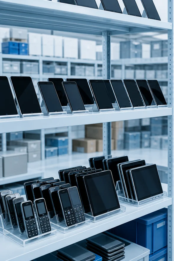 Unbranded mobile devices arranged in an organised wholesale inventory