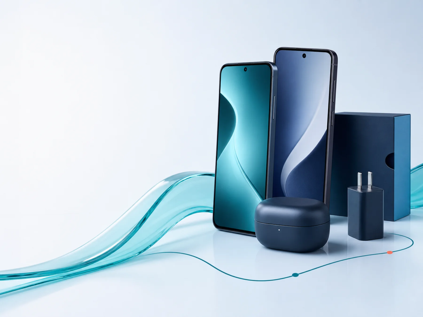 Unbranded mobile devices, charging case and charger arranged with a translucent teal wave